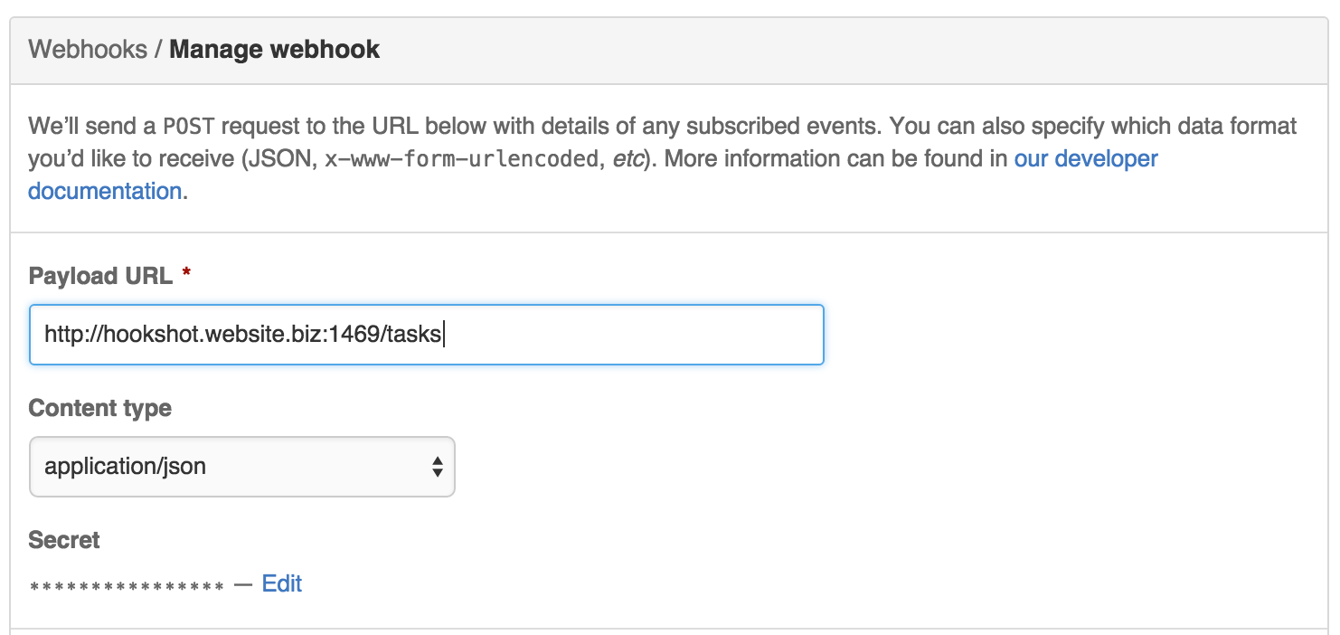 screenshot of webhook setup