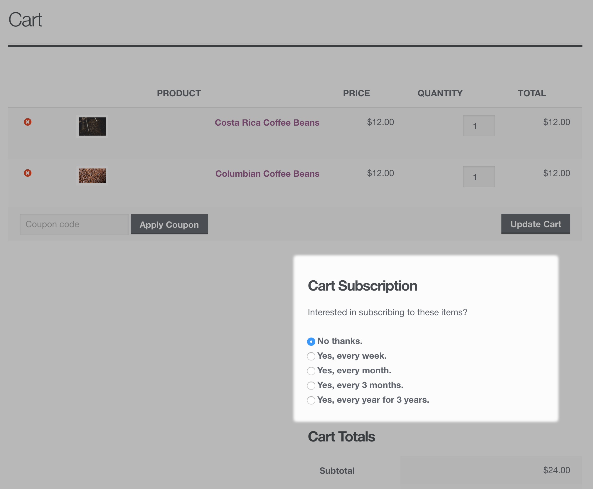 Example Cart Subscription Options