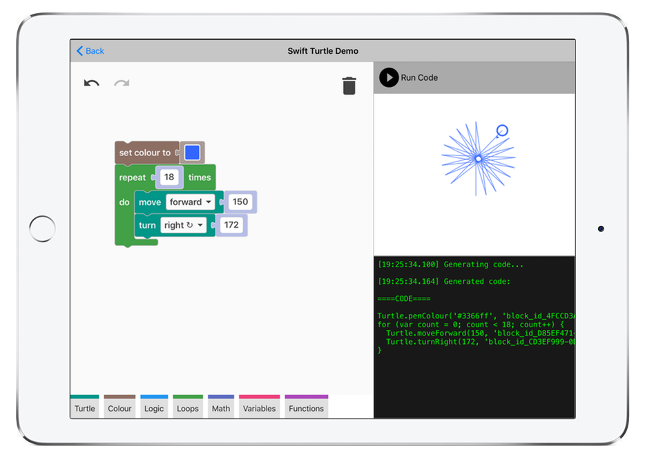 Blockly Turtle demo running on an iPad.