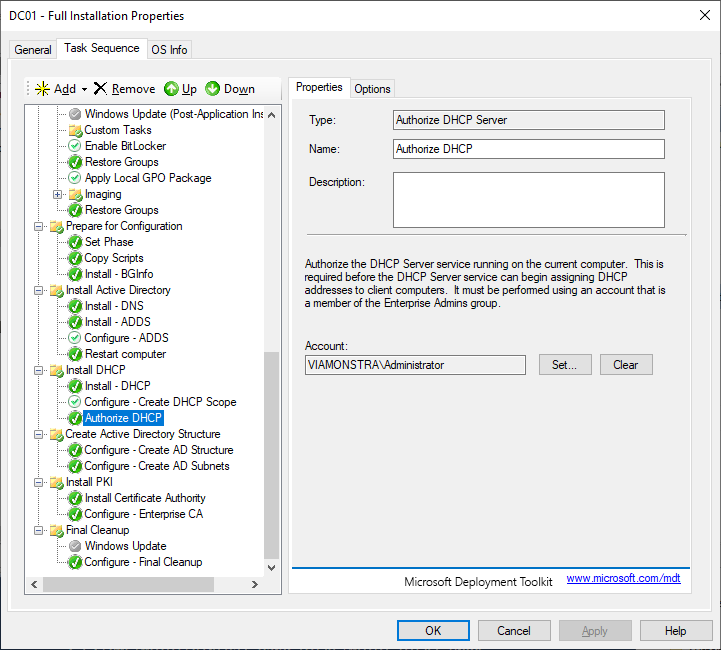 The Authorize DHCP action in the DC01 task sequence.