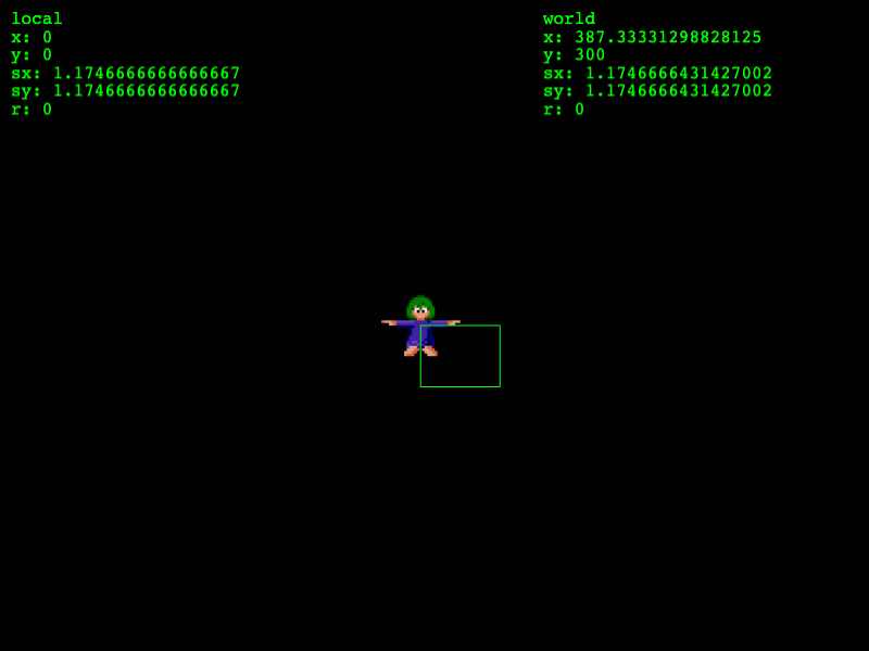 Local and world coordinates for a sprite and container