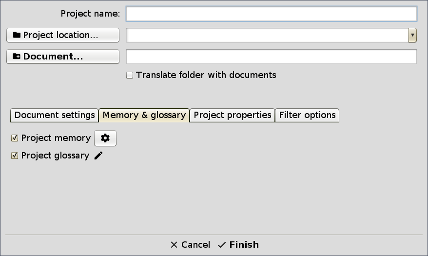 New project configuration > Memory & glossary tab