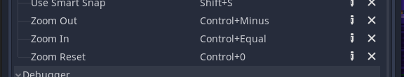 Screenshot of current Godot zoom keyboard shortcut slots.