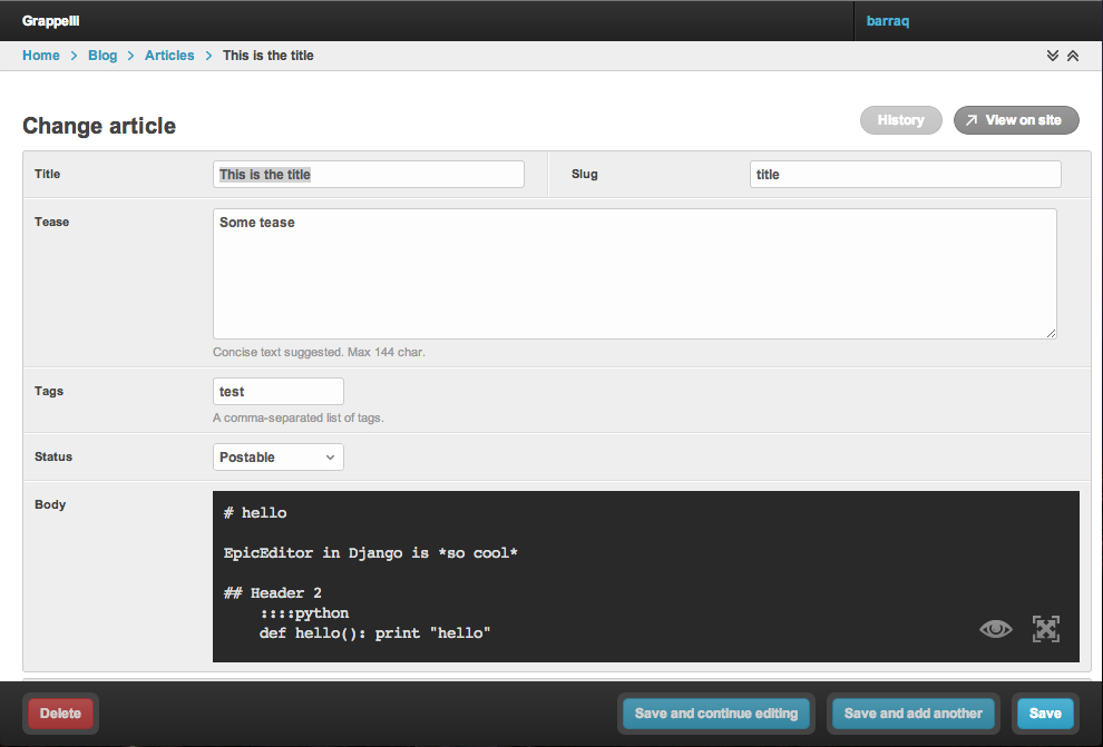 A screenshot of EpicEditor standard edition mode in Django's admin