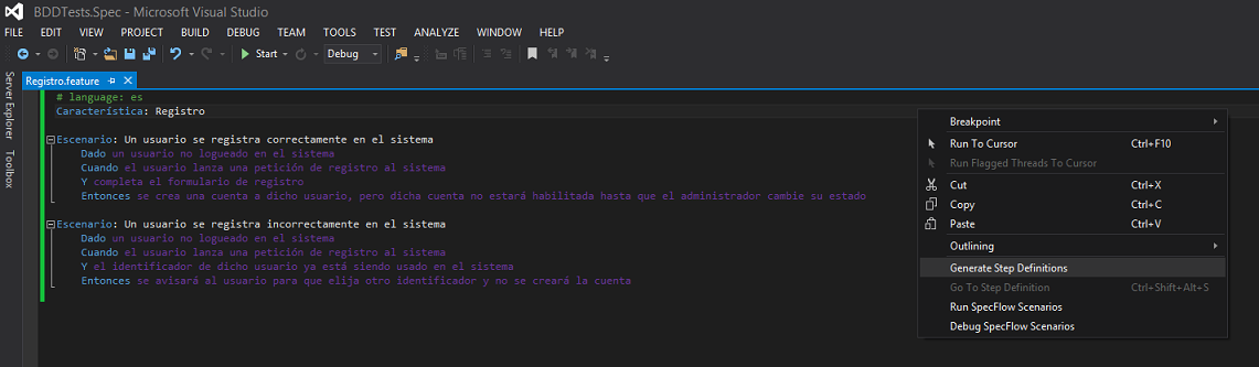 Feature File y generar pasos