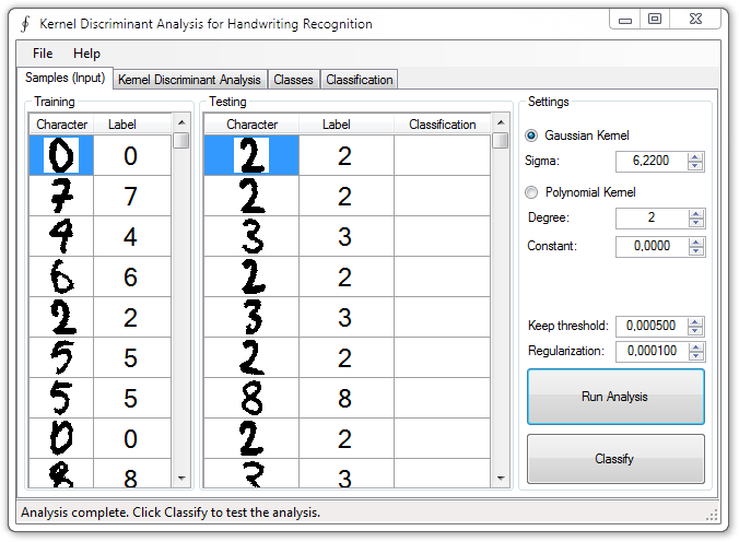 Recognition of handwritten digits with KDA