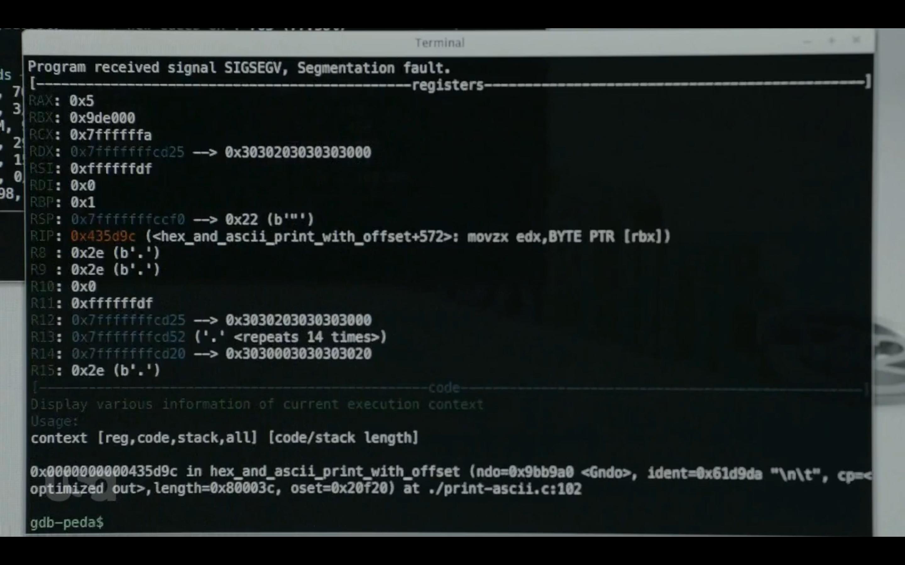 Closeup of a GDB session depicting a program crash (segfault).