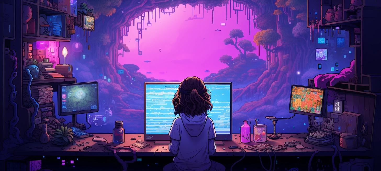 woman working at computer overlooking a nature scape