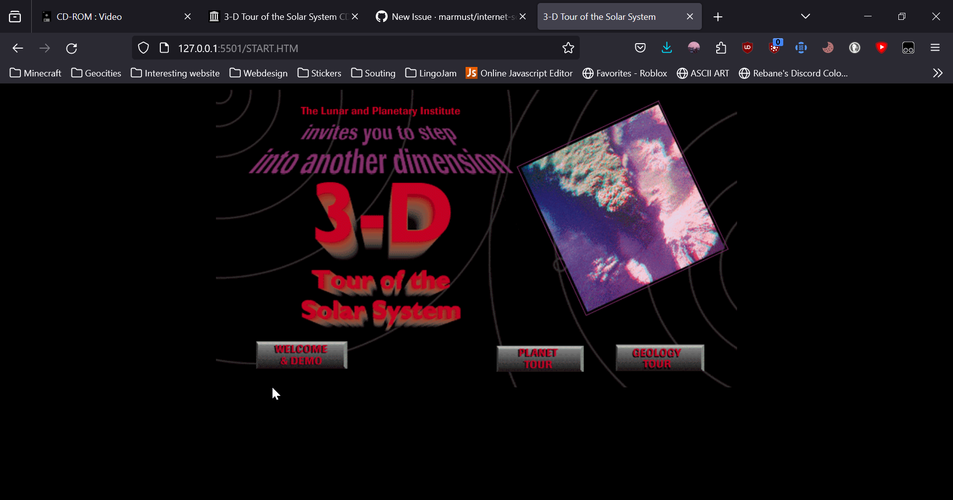 Image of an old interactive 3-D Tour of the Solar System webpage