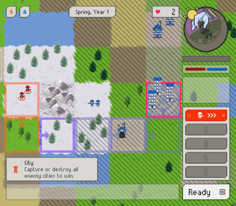 In-game UI with (in clockwise order from top left) menu buttons, season information, current morale, phase indicator, planning phase timer, initiative list, old order list, new order list, ready button, chat box, unit and tile info.