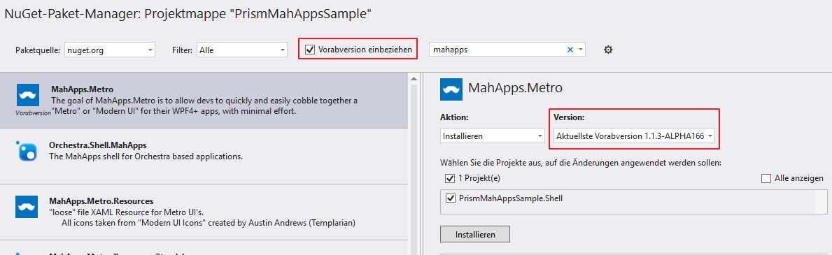 NuGet package manager MahApps.Metro