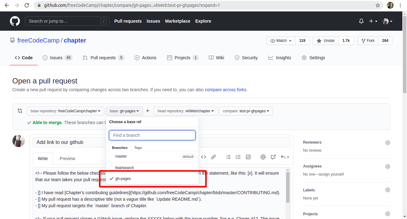 selecting base branch as gh-pages