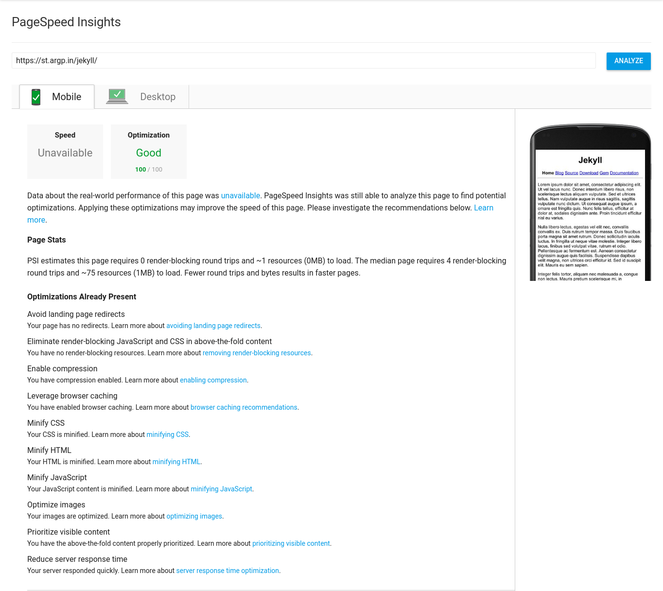 Google Pagespeed Insight Results