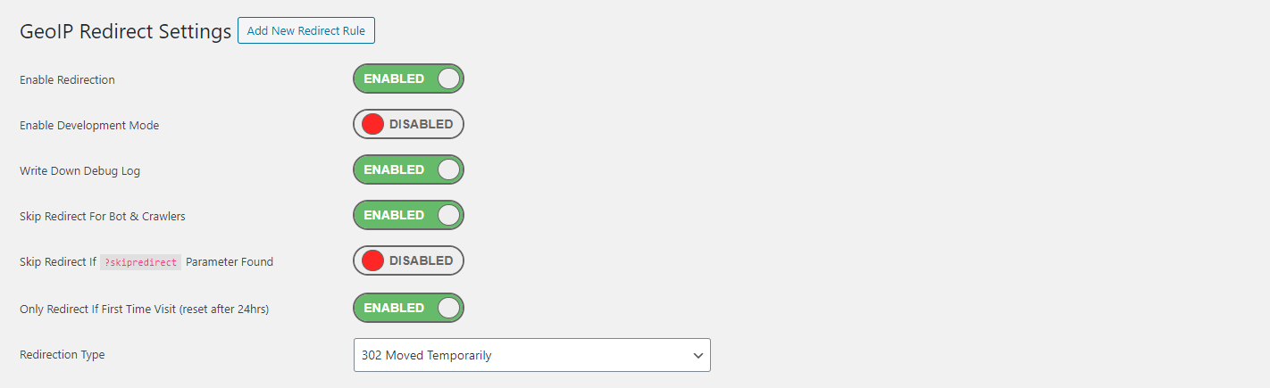 Settings panel for Advanced GeoIP Redirect Plugin.