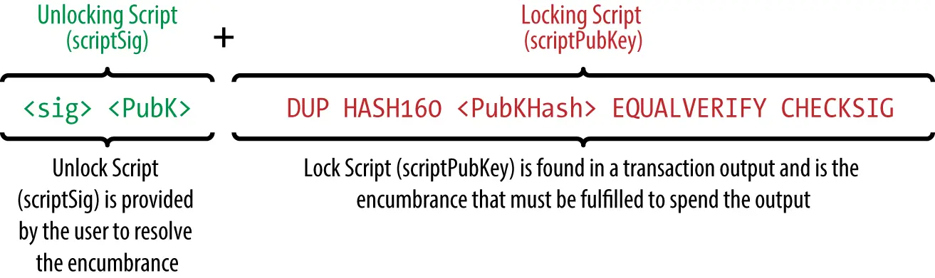 图6-3结合scriptSig和scriptPubKey来评估交易脚本
