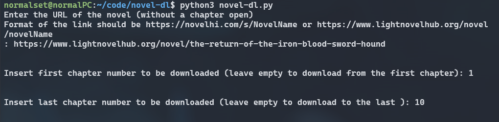 Initial prompt to insert the novel link and the first and last chapter to include in the final epub file