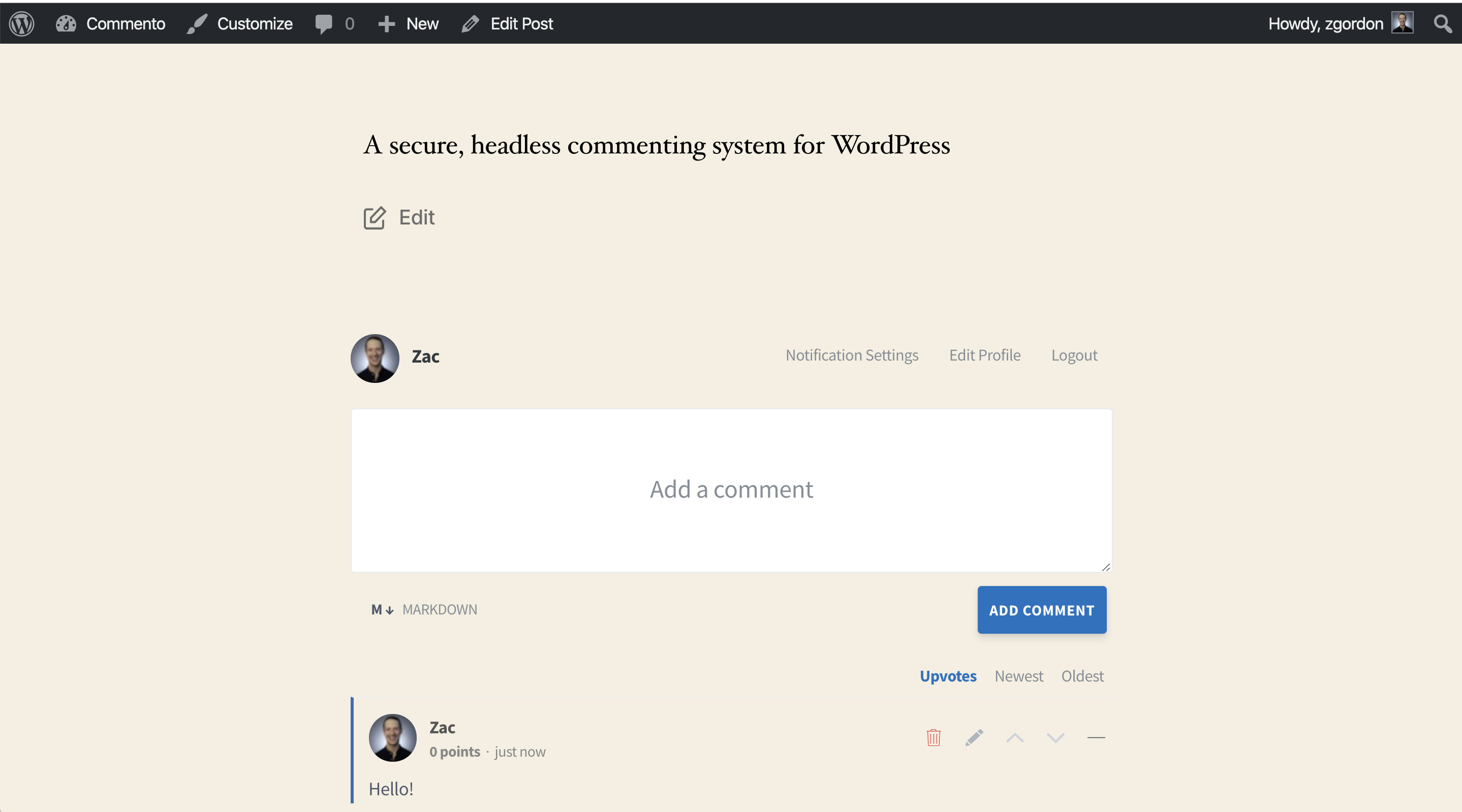 Screenshot of Commento Comments on a WordPress site