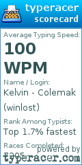 TypeRacer.com scorecard for user winlost