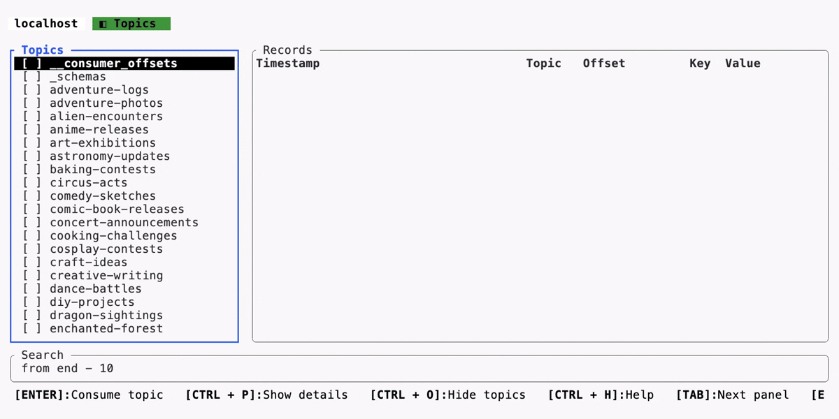 Demo of Yozefu: The user selects a topic and sees and real time new records published to Kafka.