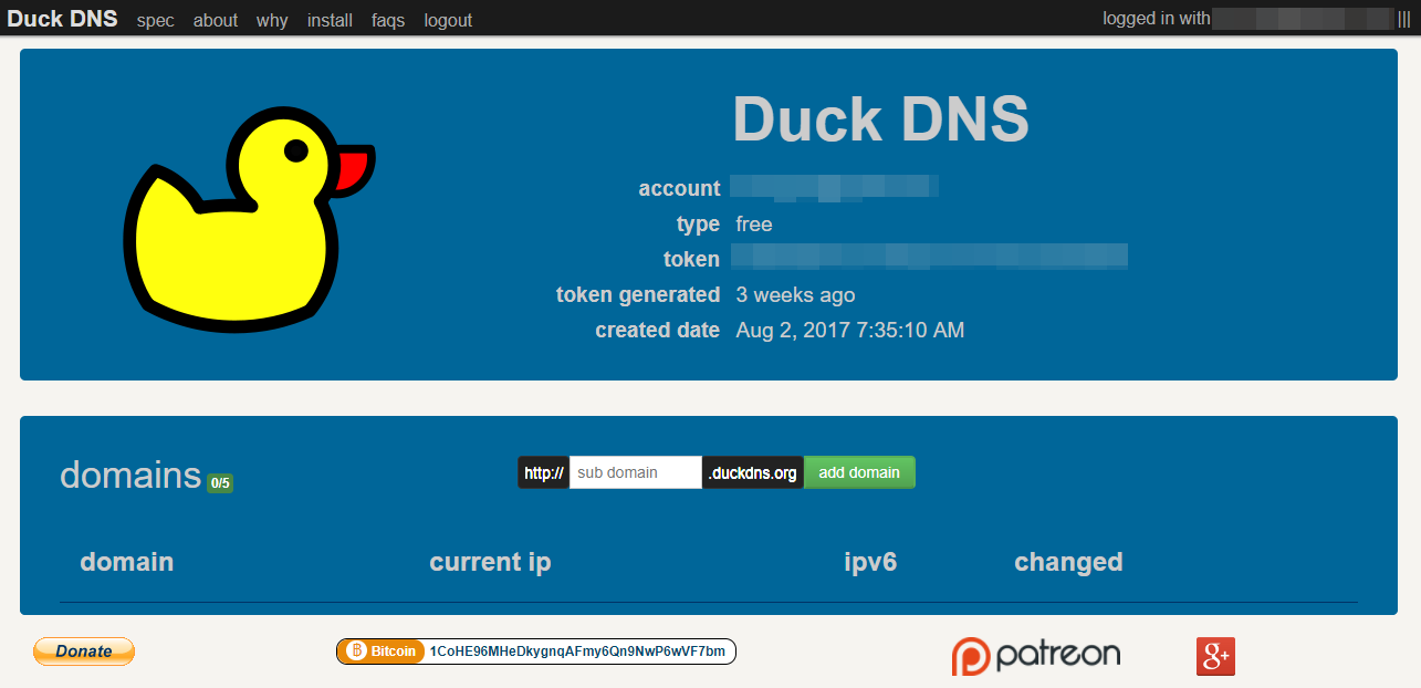 DuckDNS Account Page Image