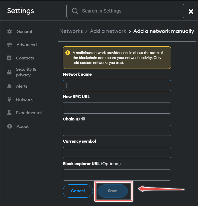 Metamask network form