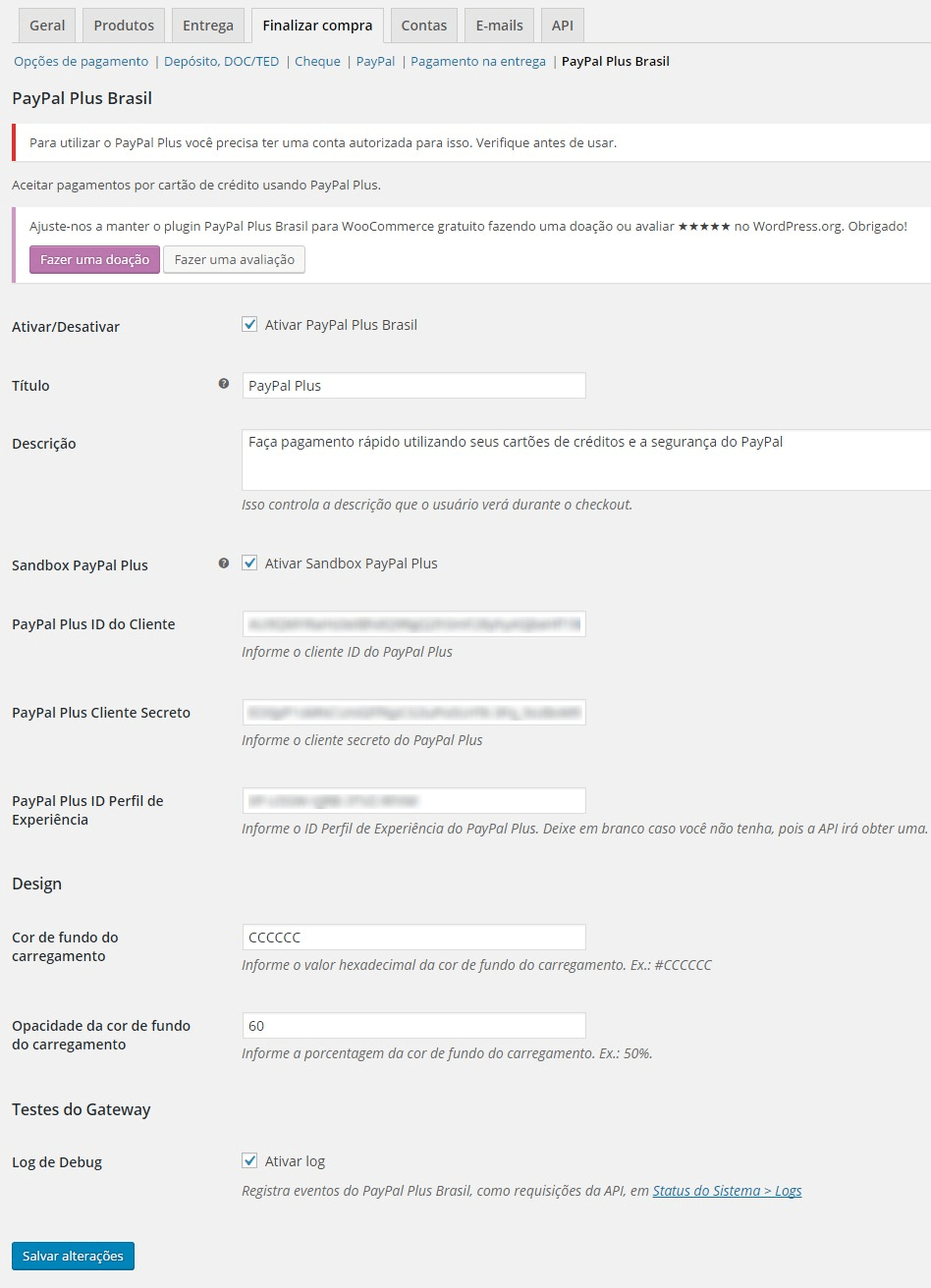 Configurações do plugin.