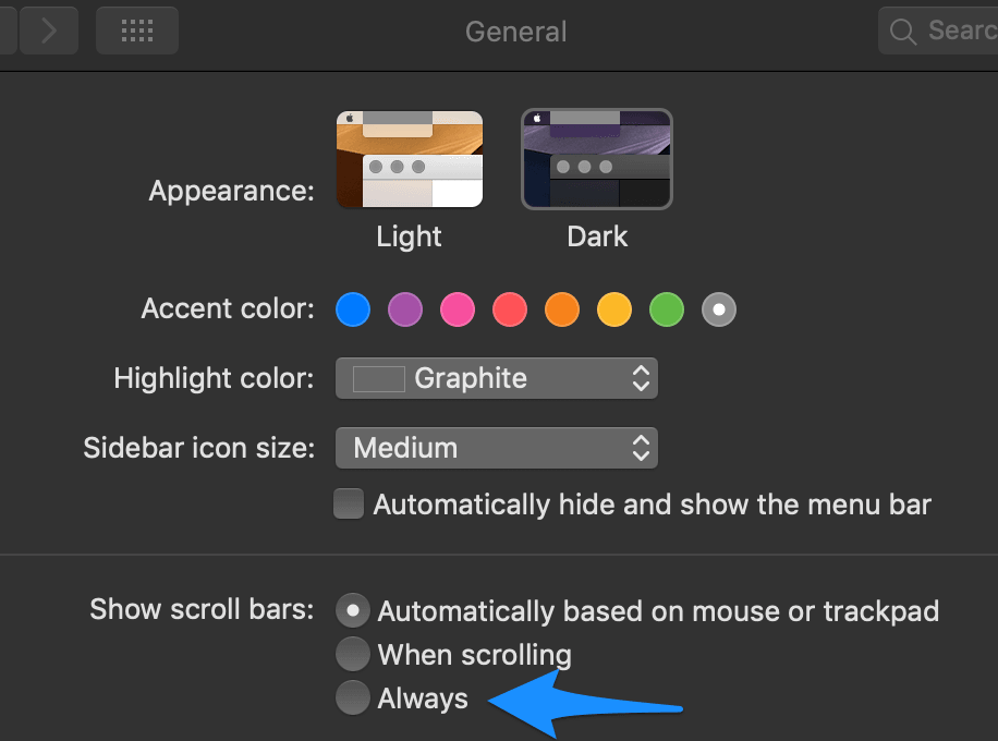 Show scroll bars always setting.