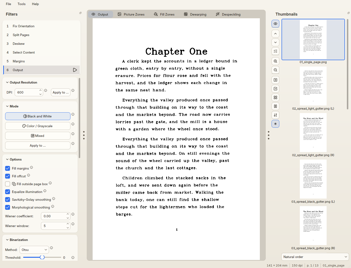 The Output stage: the six processing stages on the left, the finished page in the middle and page thumbnails on the right