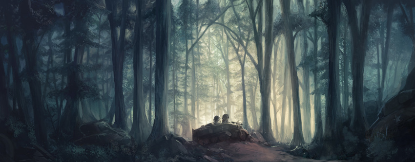 A cool wide image to catch the eye. It's fanart of the anime Girl's Last Tour, featuring the main characters driving through a forest in a Kettenkrad