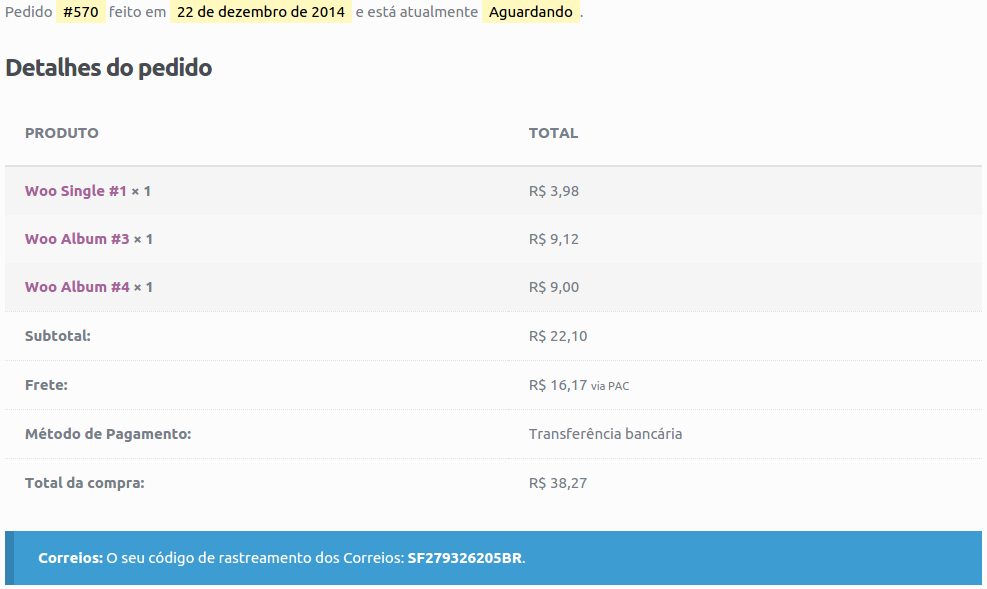 7. Tabela do histórico de rastreamento que é exibida no lugar do alerta acima quando ativada a opção "Tabela do histórico de rastreamento" nas configurações do plugin.