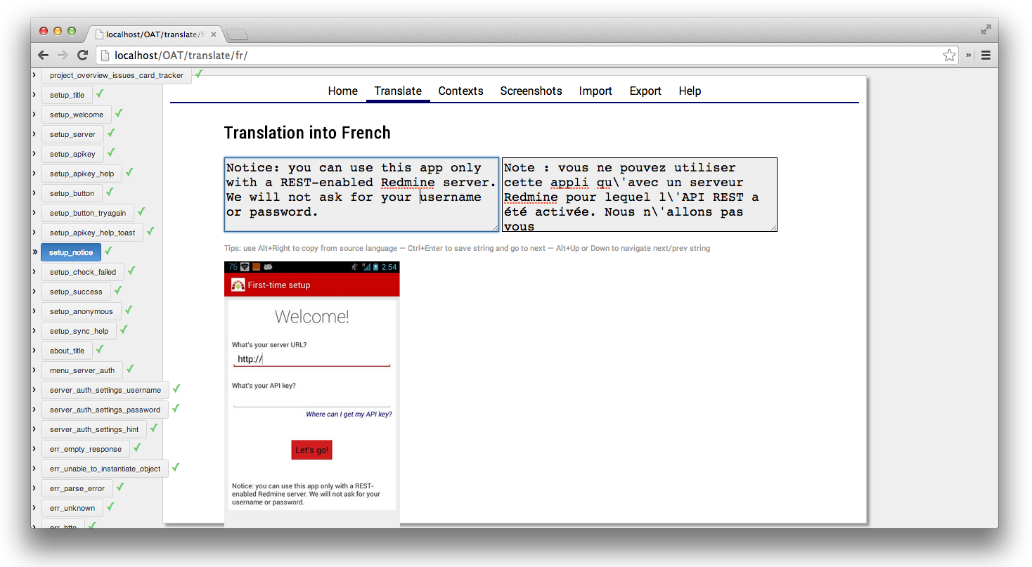 Translator screen with string name, context, screenshots, original text and localized text