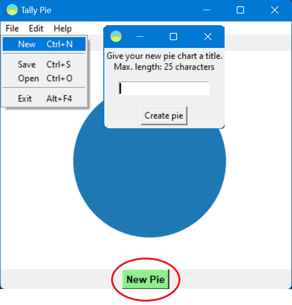 Screenshot of Tally Pie's UI with the File menu expanded, the New menu item highlighted, and the pie chart creation dialogue box open