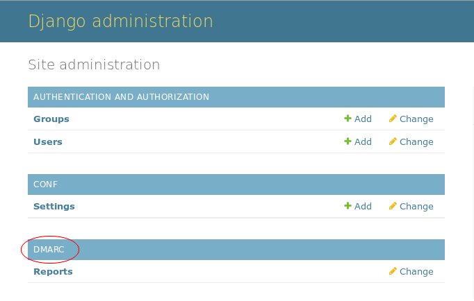 Django Administration showing this DMARC application