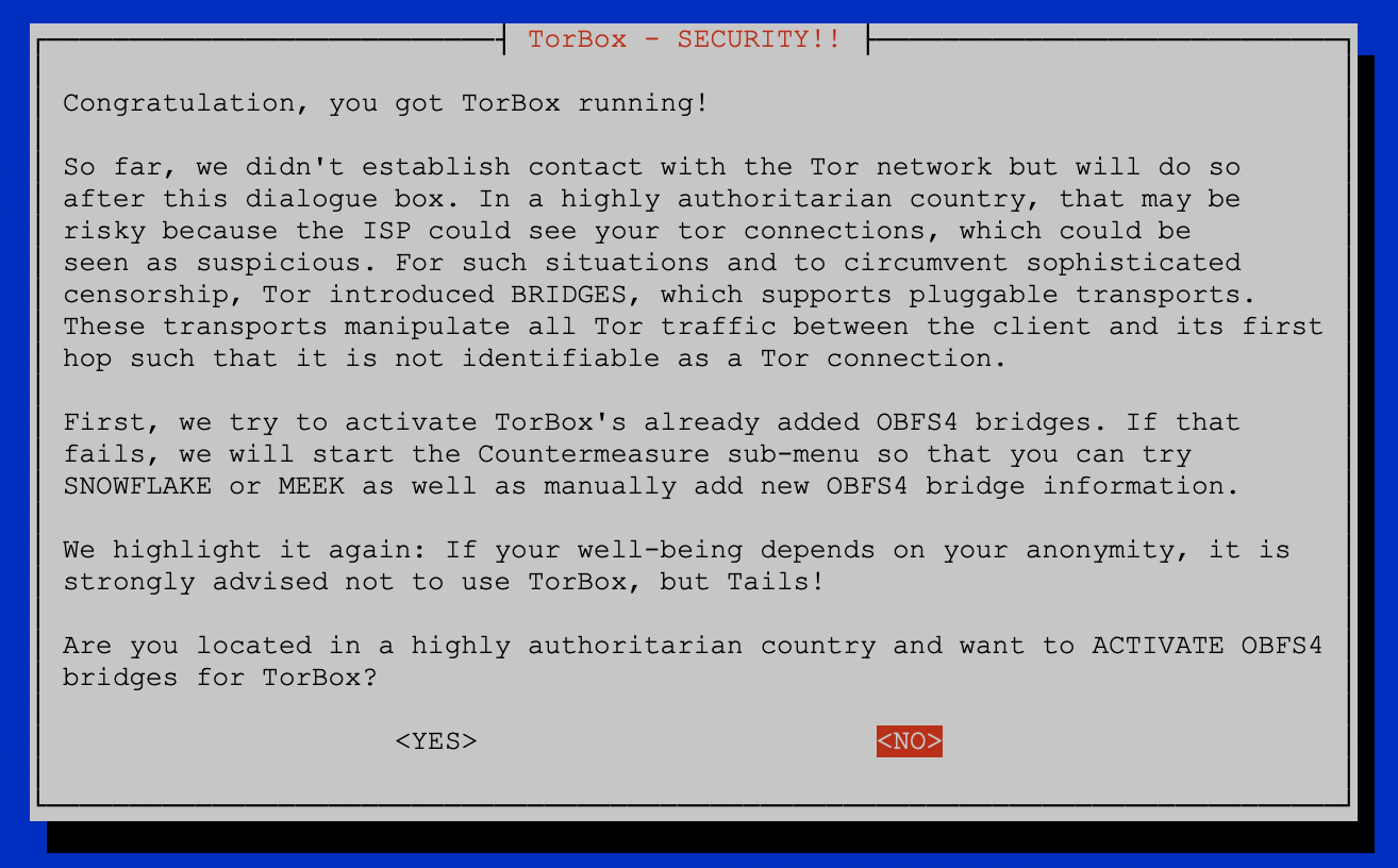 After finishing the installation with the installation script or with flashing the image file during the first start-up, TorBox will ask the user, if he wants to activate OBFS4 bridges.