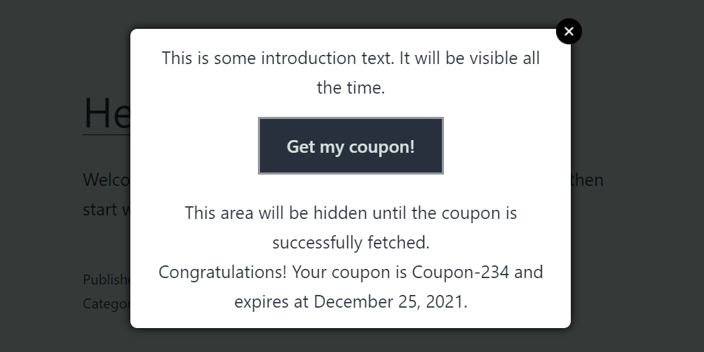 Popup after getting the coupon: The coupon got placed like defined in the template.