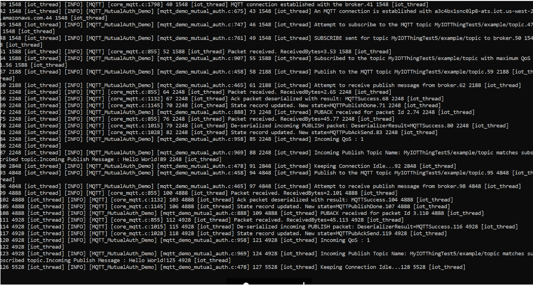 [MQTT demo terminal output on successful completion]