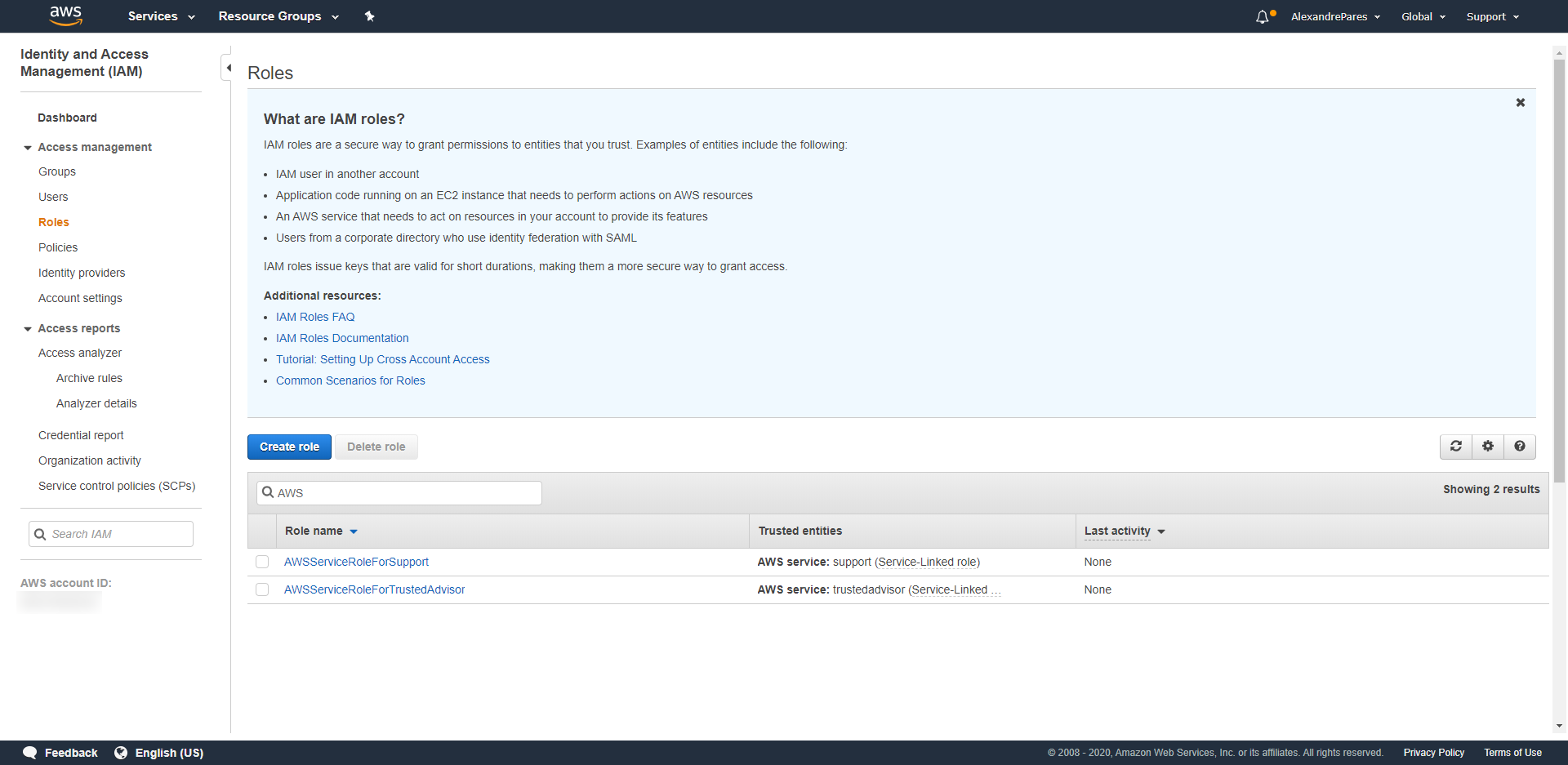 AWS > IAM > Access management > Roles