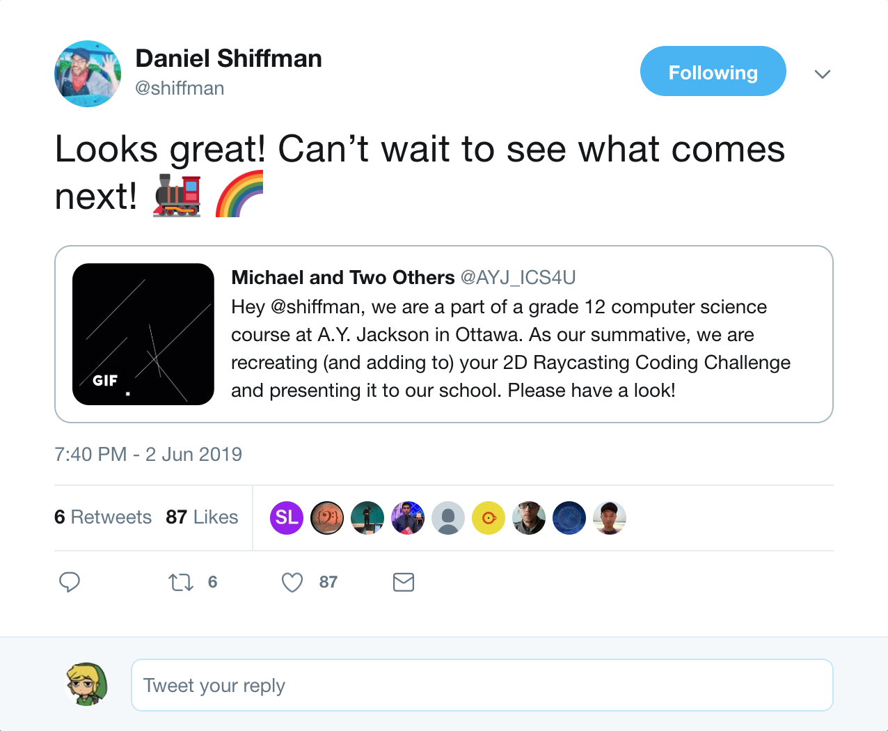 Screenshot of Daniel Shiffman's Twitter reply