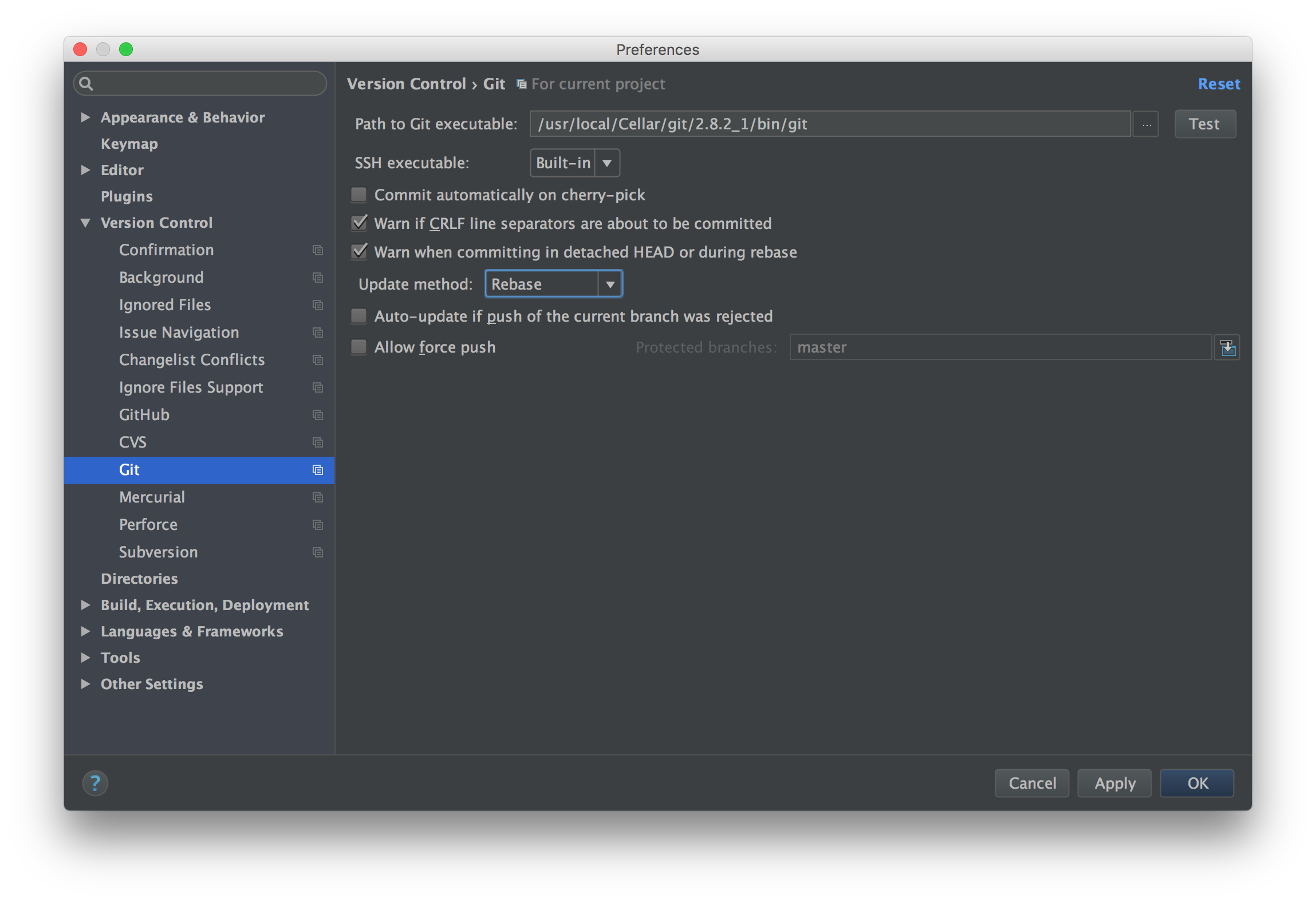 Screenshot of PHPStorm correct git settings