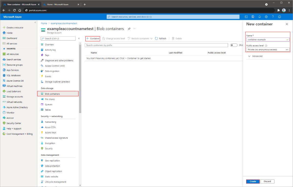 Screenshot showing how to create a container in the Azure portal