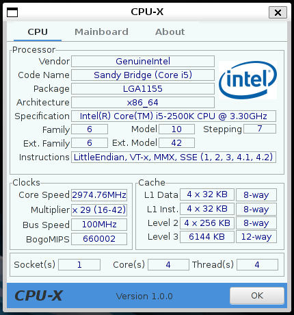 CPU-X on ArchLinux x86_64, GTK 3.12 (Wayland)