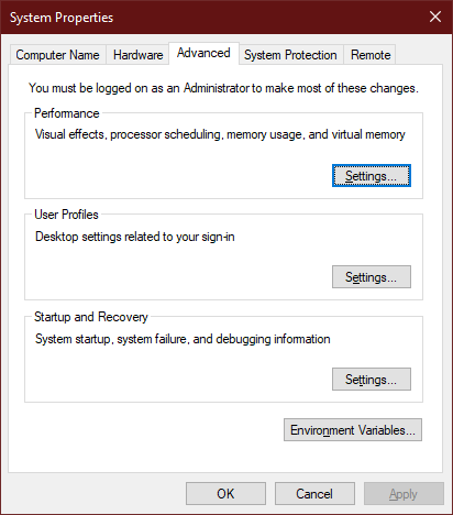 Windows "system environment" settings