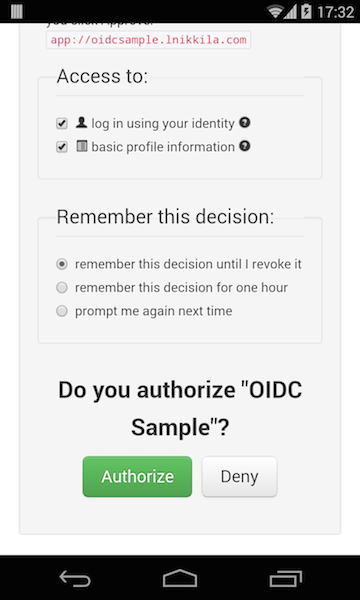 An Android WebView displaying a provider’s authorisation form.