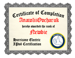 IPv6 Certification Badge for Anatolii Ovcharuk