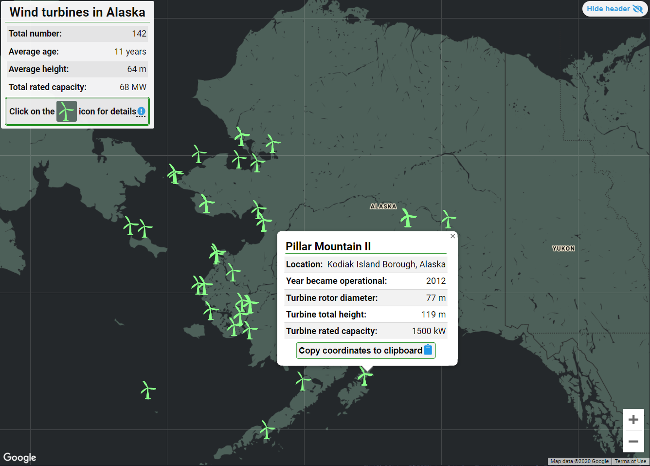 Screencapture of the deployed React Alaska Wind Turbine project. Map of Alaska with green wind turbines scattered around the territory. User can click on each turbine and see detailed information. 