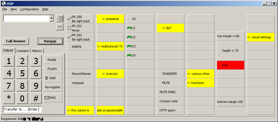 tSIP screenshot with console