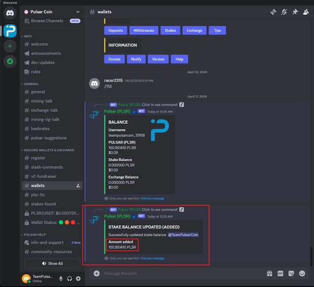 The user will receive confirmation of the amount that was staked.