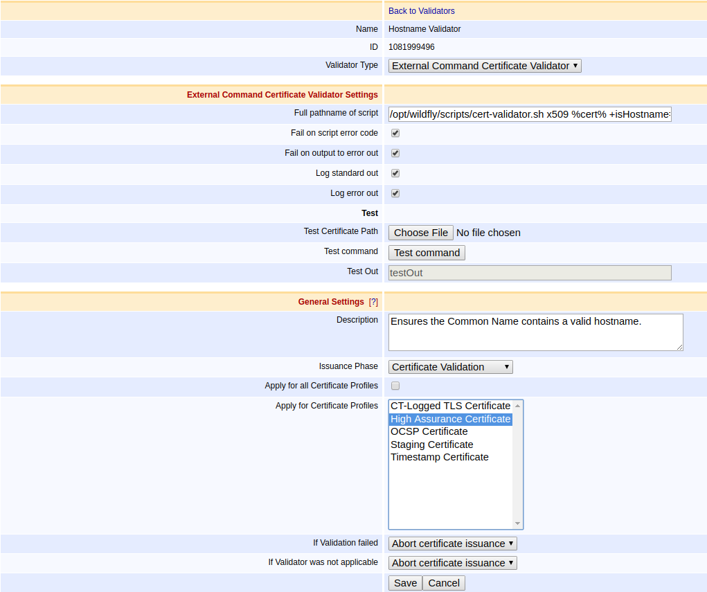 External Command Certificate Validator Configuration