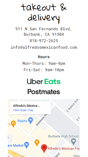 Alfredo's takeout-info section (mobile)