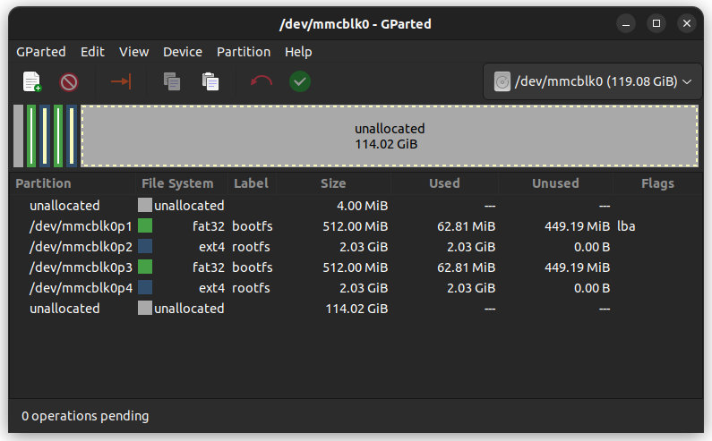 Partition schema of the SD card after having copied the partitions